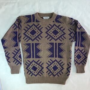 Vintage 90's taupe purple tribal Aztec crew knit sweater womens Small
